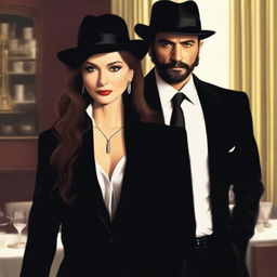 A mid-40s Mafia Lord with a strong build and sharp features stands slightly behind an elegant woman in her early 30s