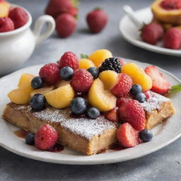 A delicious, sugary sweet dish. Glistening with syrup, topped with vibrant fruits and a dusting of powdered sugar for the perfect finishing touch