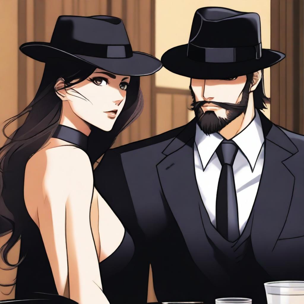 A 28-year-old Mafia Lord with a strong build and sharp features stands slightly behind an elegant woman