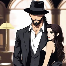 A 28-year-old Mafia Lord with a strong build and sharp features stands slightly behind an elegant woman