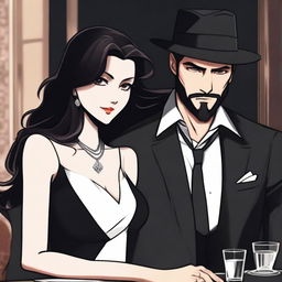 A 28-year-old Mafia Lord with a strong build and sharp features stands slightly behind an elegant woman