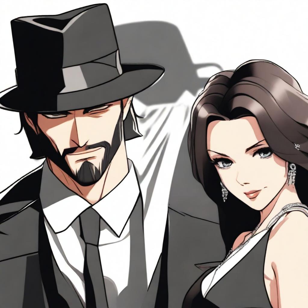 A 28-year-old Mafia Lord with a strong build and sharp features stands slightly behind an elegant woman