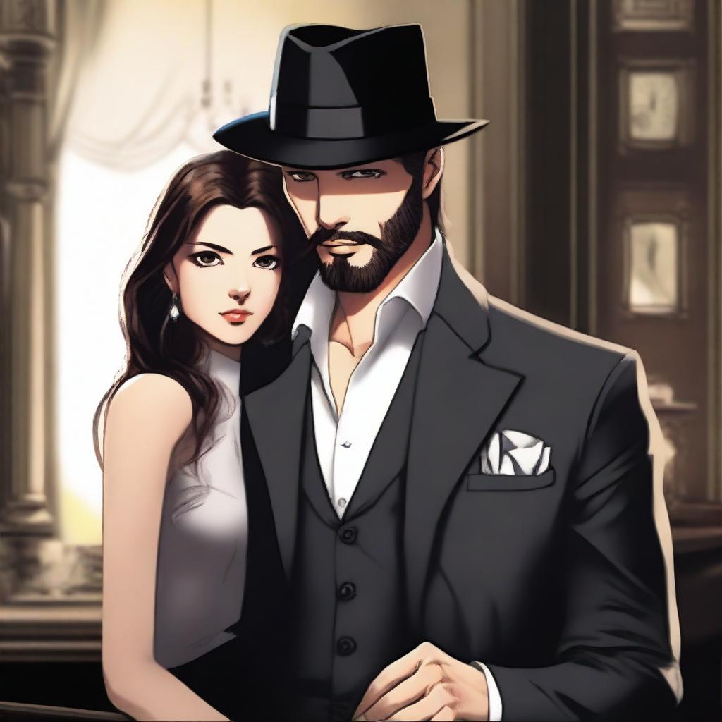 A 28-year-old Mafia Lord with a strong build and sharp features stands slightly behind an elegant woman