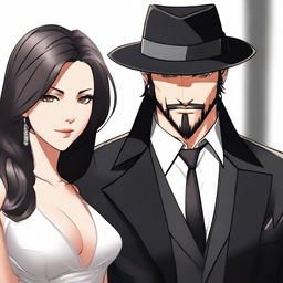 A 28-year-old Mafia Lord with a strong build and sharp features stands slightly behind an elegant woman