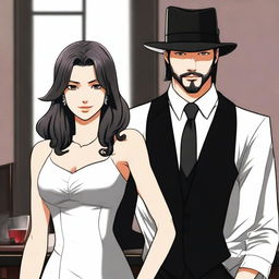 A 28-year-old Mafia Lord with a strong build and sharp features stands slightly behind an elegant woman