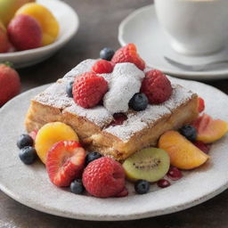 A delicious, sugary sweet dish. Glistening with syrup, topped with vibrant fruits and a dusting of powdered sugar for the perfect finishing touch