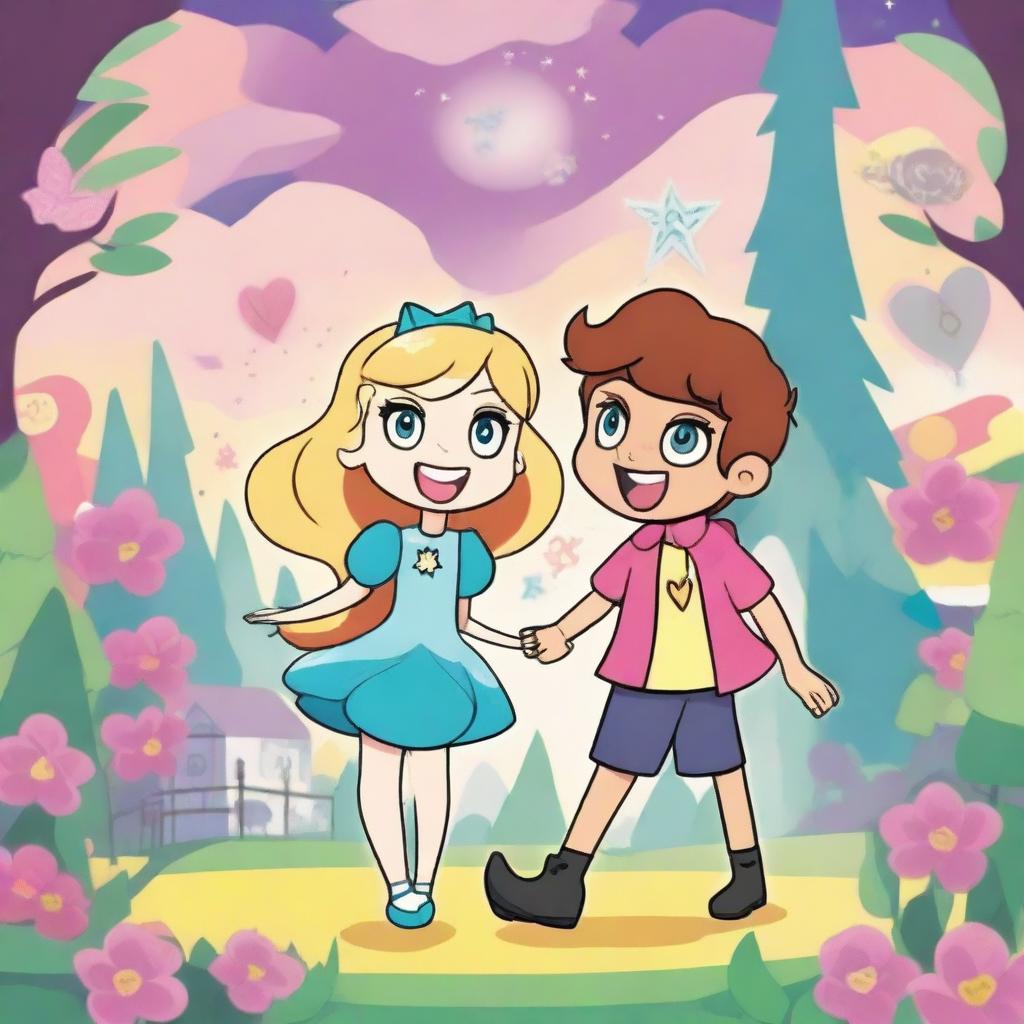 A vibrant and colorful scene from the animated series 'Star vs the Forces of Evil', featuring the main characters Star Butterfly and Marco Diaz in a magical adventure setting