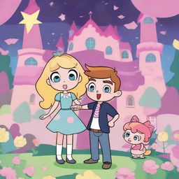 A vibrant and colorful scene from the animated series 'Star vs the Forces of Evil', featuring the main characters Star Butterfly and Marco Diaz in a magical adventure setting