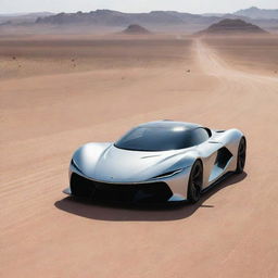 A sleek, super futuristic sports car racing along a track in the heart of a vast, desolate desert