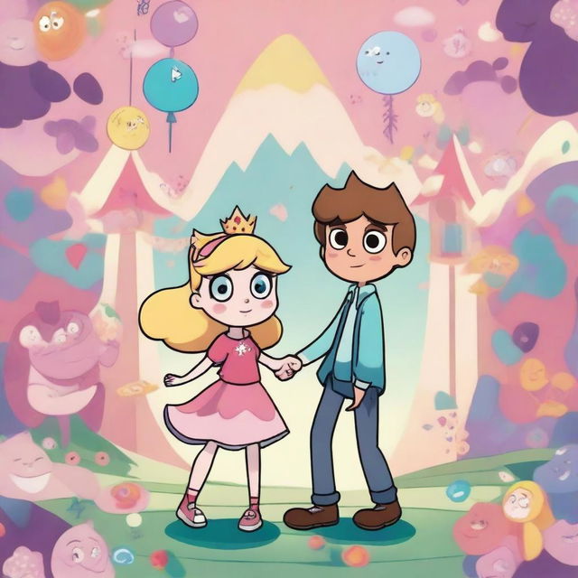 A vibrant and colorful scene from the animated series 'Star vs the Forces of Evil', featuring the main characters Star Butterfly and Marco Diaz in a magical adventure setting