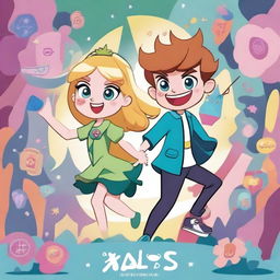 A vibrant and colorful poster of the animated series 'Star vs the Forces of Evil', featuring the main characters Star Butterfly and Marco Diaz in a dynamic pose