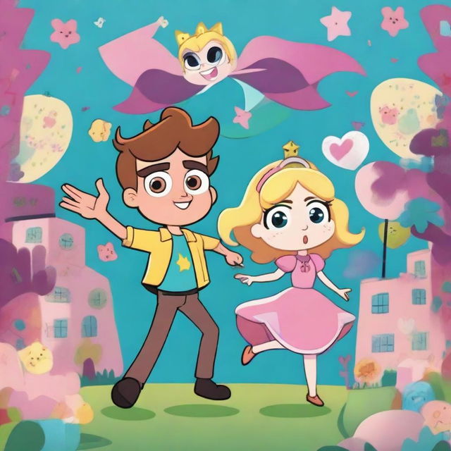 A vibrant and colorful poster of the animated series 'Star vs the Forces of Evil', featuring the main characters Star Butterfly and Marco Diaz in a dynamic pose