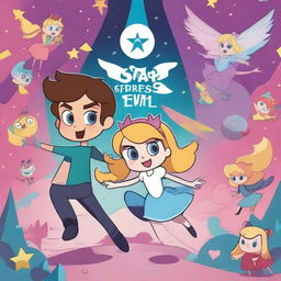 A vibrant and colorful movie poster of the animated series 'Star vs the Forces of Evil', featuring the main characters Star Butterfly and Marco Diaz in a dynamic and heroic pose