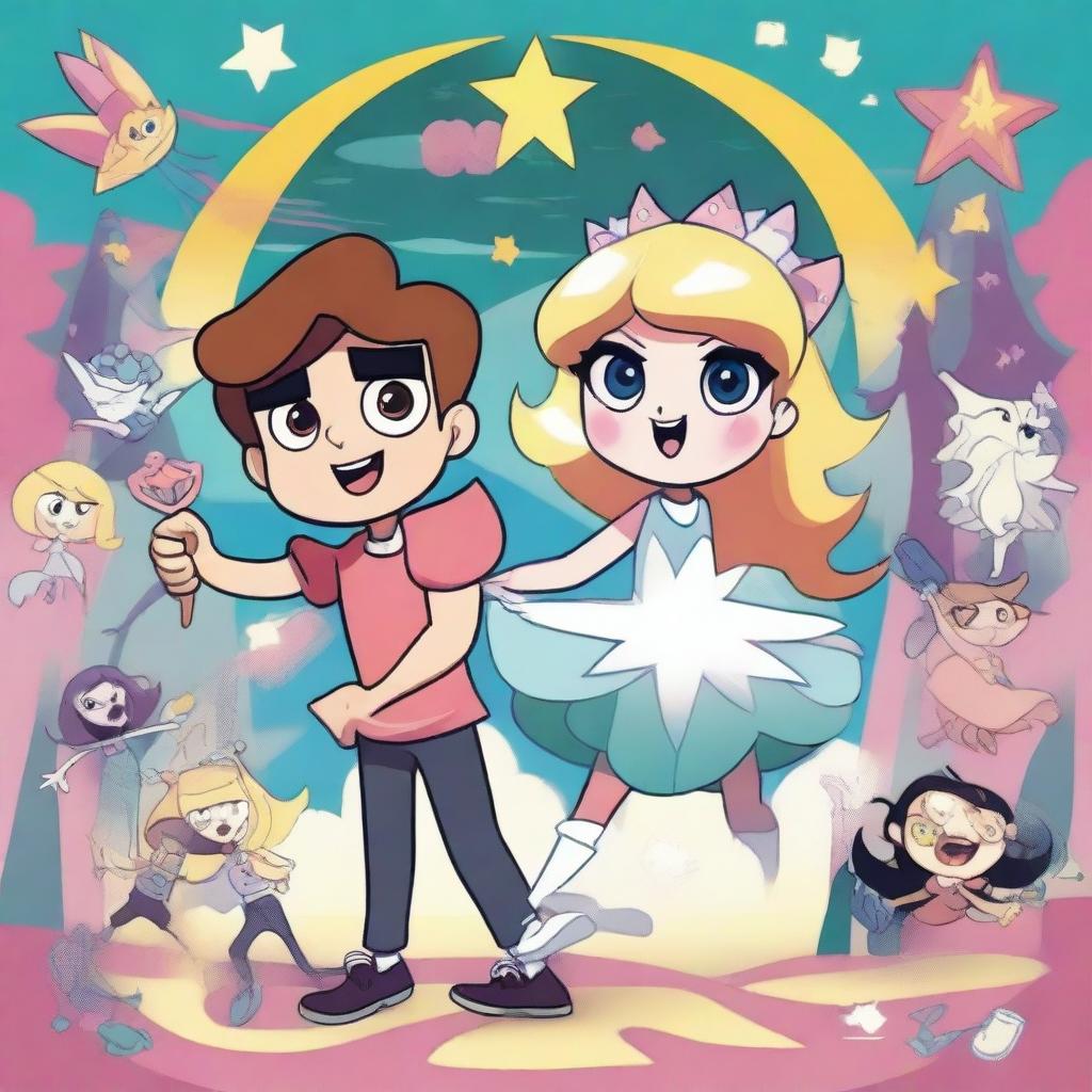 A vibrant and colorful movie poster of the animated series 'Star vs the Forces of Evil', featuring the main characters Star Butterfly and Marco Diaz in a dynamic and heroic pose