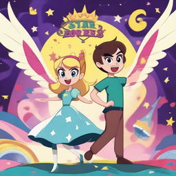 A vibrant and colorful movie poster of the animated series 'Star vs the Forces of Evil', featuring the main characters Star Butterfly and Marco Diaz in a dynamic and heroic pose