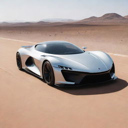 A sleek, super futuristic sports car racing along a track in the heart of a vast, desolate desert