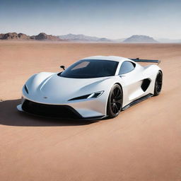 A sleek, super futuristic sports car racing along a track in the heart of a vast, desolate desert