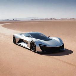 A sleek, super futuristic sports car racing along a track in the heart of a vast, desolate desert