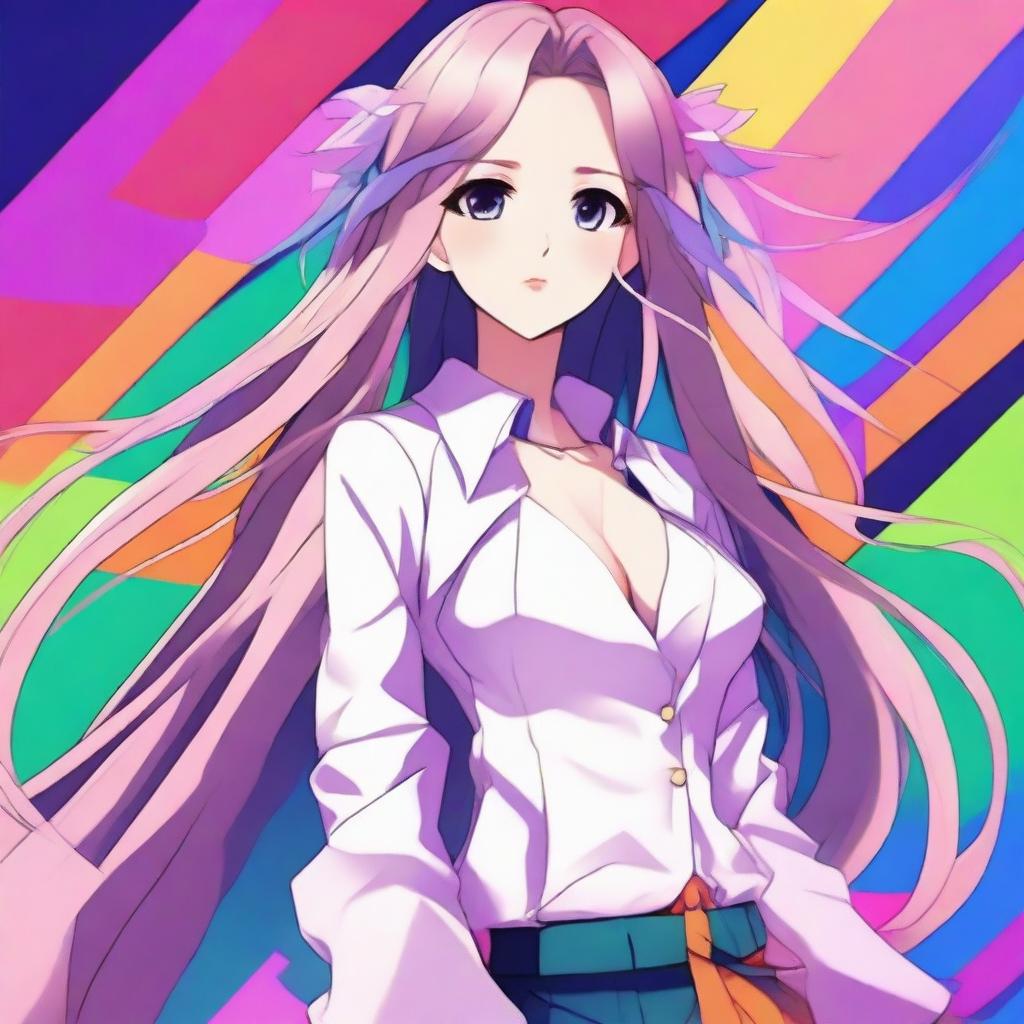 A beautiful and alluring anime girl with long flowing hair, wearing a stylish outfit that accentuates her figure