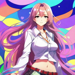 A beautiful and alluring anime girl with long flowing hair, wearing a stylish outfit that accentuates her figure