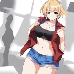 Create an image of a sexy and cool anime girl wearing very short clothes