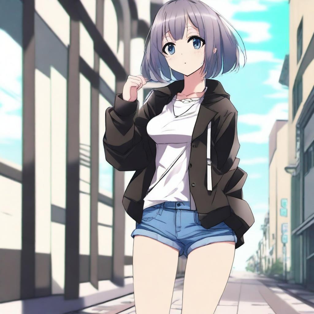 Create an image of a cool anime girl wearing short clothes