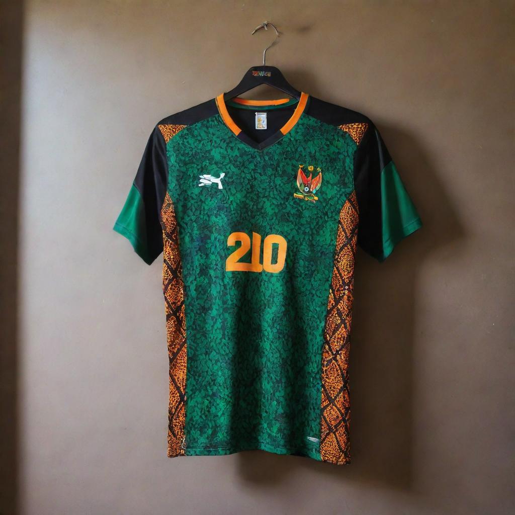 A black Zambian football jersey with vibrant colors and intricate patterns representative of the Zambia soccer team, hanging in a well lit room.