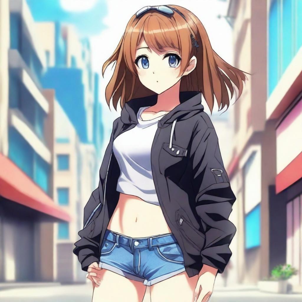 Create an image of a cool anime girl wearing short clothes