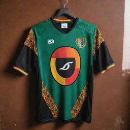 A black Zambian football jersey with vibrant colors and intricate patterns representative of the Zambia soccer team, hanging in a well lit room.