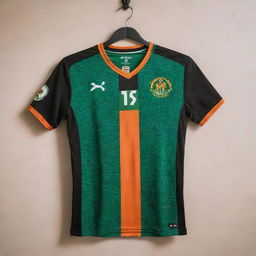 A black Zambian football jersey with vibrant colors and intricate patterns representative of the Zambia soccer team, hanging in a well lit room.