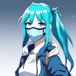 Create an image of the coolest anime girl with blue hair and wearing a mask