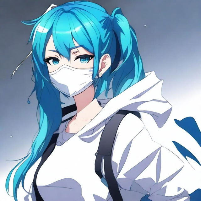 Create an image of the coolest anime girl with blue hair and wearing a mask