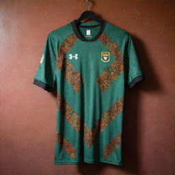 A black Zambian football jersey with vibrant colors and intricate patterns representative of the Zambia soccer team, hanging in a well lit room.