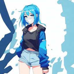 Create an image of the coolest anime girl with blue hair and wearing a mask