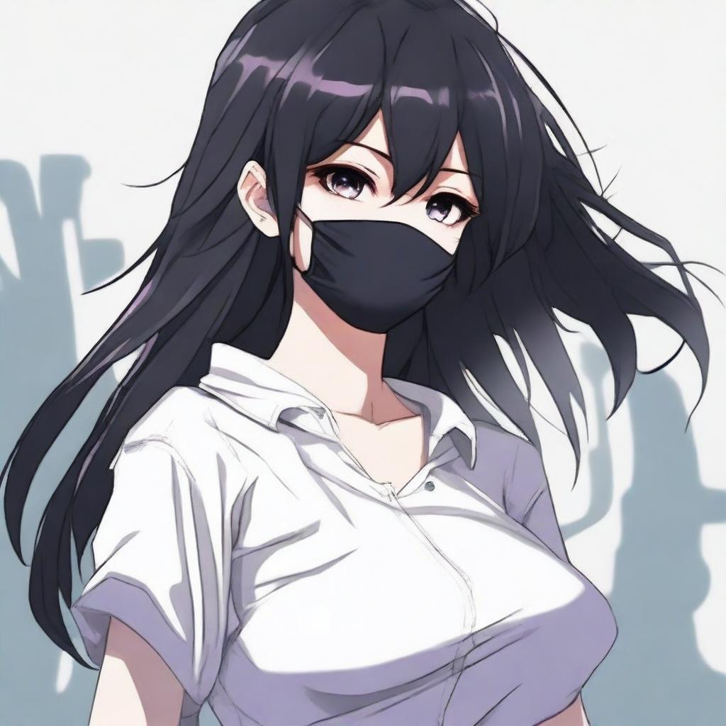 Create an image of the coolest anime girl with black hair, wearing a mask and a short shirt