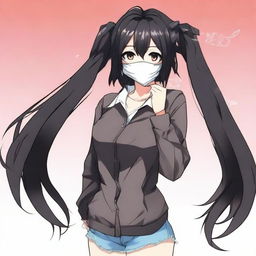 Create an image of the coolest anime girl with black hair, wearing a mask and a short shirt