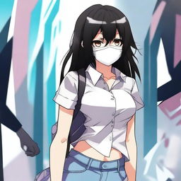 Create an image of the coolest anime girl with black hair, wearing a mask and a short shirt