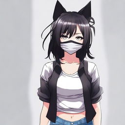 Create an image of the coolest anime girl with black hair, wearing a mask and a short shirt