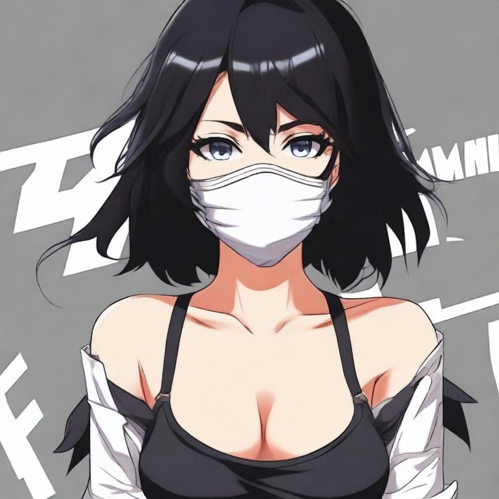 Create an image of the coolest anime girl with black hair, wearing a mask and a very short shirt