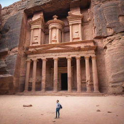 A person standing in front of the iconic Al Khazneh ('The Treasury'), the most elaborate temple in the ancient city of Petra, Jordan. The sun is gently casting its rays onto the pink sandstone cliffs.