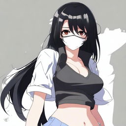 Create an image of the coolest and hottest anime girl with black hair, wearing a mask and a very short shirt