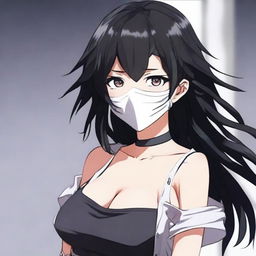 Create an image of the coolest and hottest anime girl with black hair, wearing a mask and a very short shirt