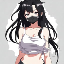 Create an image of the coolest and hottest anime girl with black hair, wearing a mask and a very short shirt