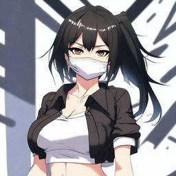 Create an image of the coolest and hottest anime girl with black hair, wearing a mask and a very short shirt