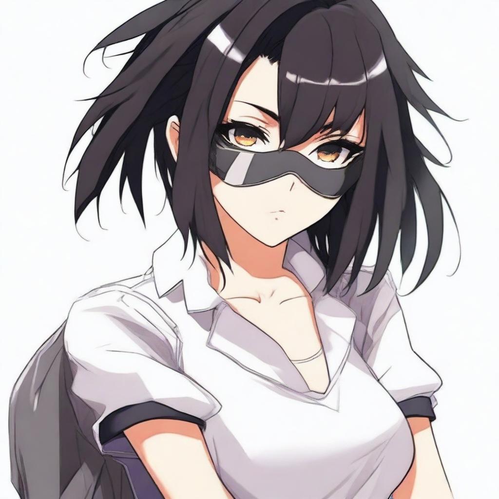 Create an image of the coolest and hottest anime girl with black hair, wearing a mask and a very short shirt