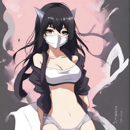 Create an image of the coolest and hottest anime girl with black hair, wearing a mask and a very short shirt