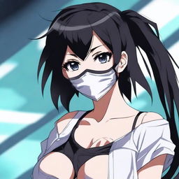 Create an image of the coolest and hottest anime girl with black hair, wearing a mask and a very short shirt