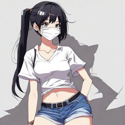 Create an image of the coolest and hottest anime girl with black hair, wearing a mask and a very short shirt