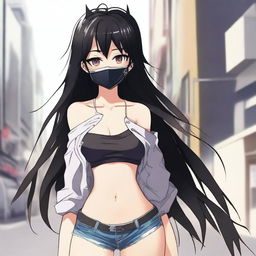 Create an image of the coolest and hottest anime girl with black hair, wearing a mask and a very short shirt