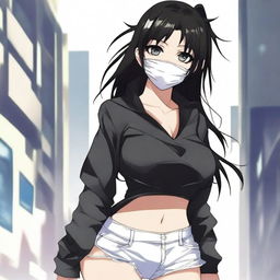 Create an image of the coolest and hottest anime girl with black hair, wearing a mask and a very short shirt